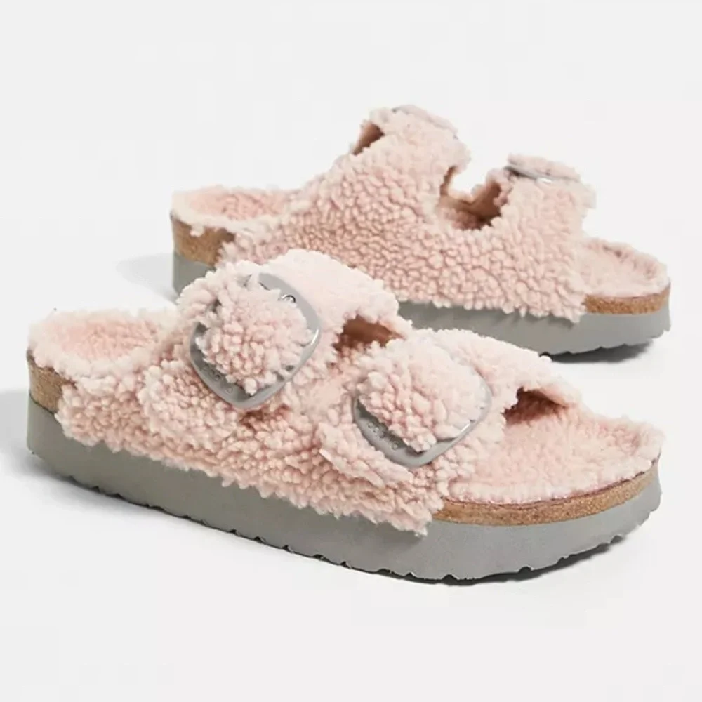 BIRKENSTOCK Papillio Arizona Rosa Pink Teddy Big Buckle Shearling Sandals Sz 39